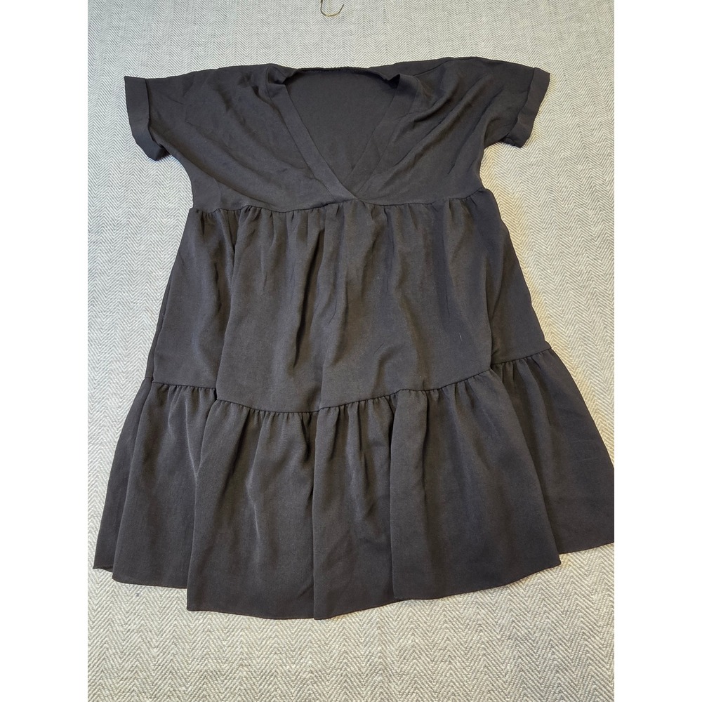 Shein Babydoll Dress Women's 6 Black Ruffle Tiered Cuffed Short Sleeve V-Neck